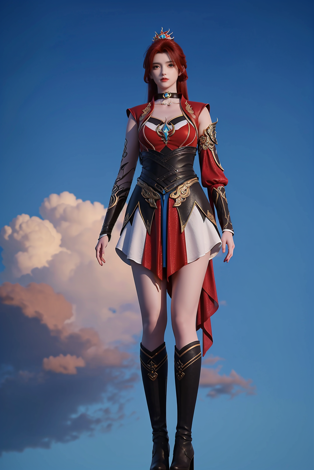 181641840-3033531101-1girl,solo,red hair,long hair,ponytail,dress,hair ornament,frontlet,choker,socks,boots,looking at viewer,outdoors,sunlight,sky,c 拷贝.png